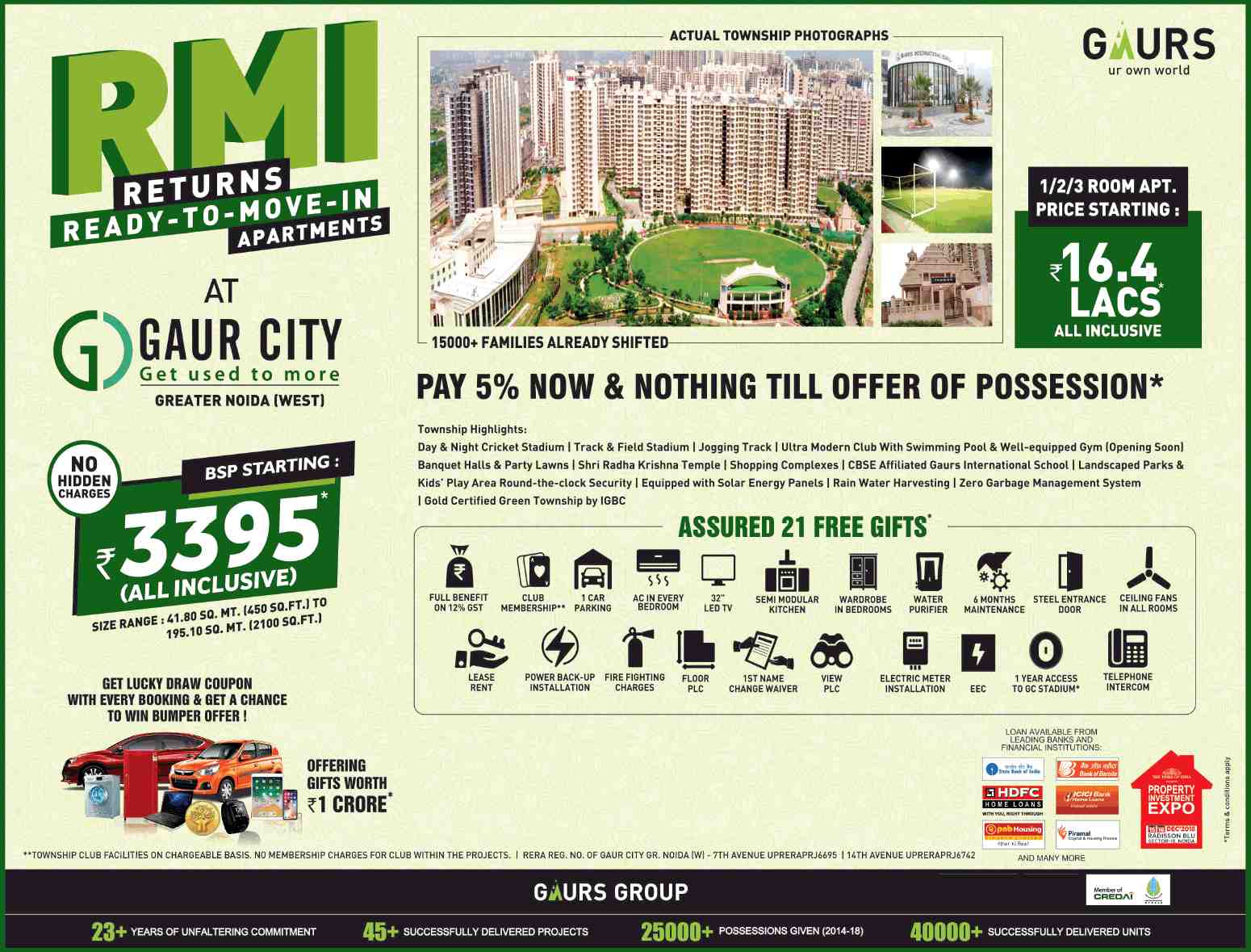 Pay 5% now and nothing till possession at Gaur City in Greater Noida